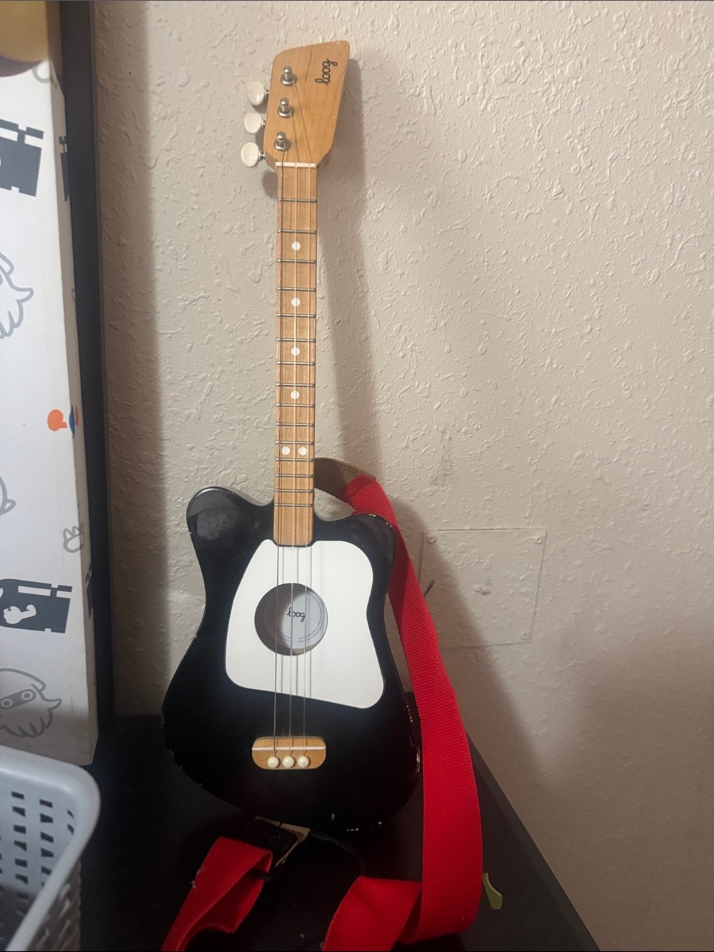 Kids Wooden Toy Guitar in Black with Red Strap - Brand: